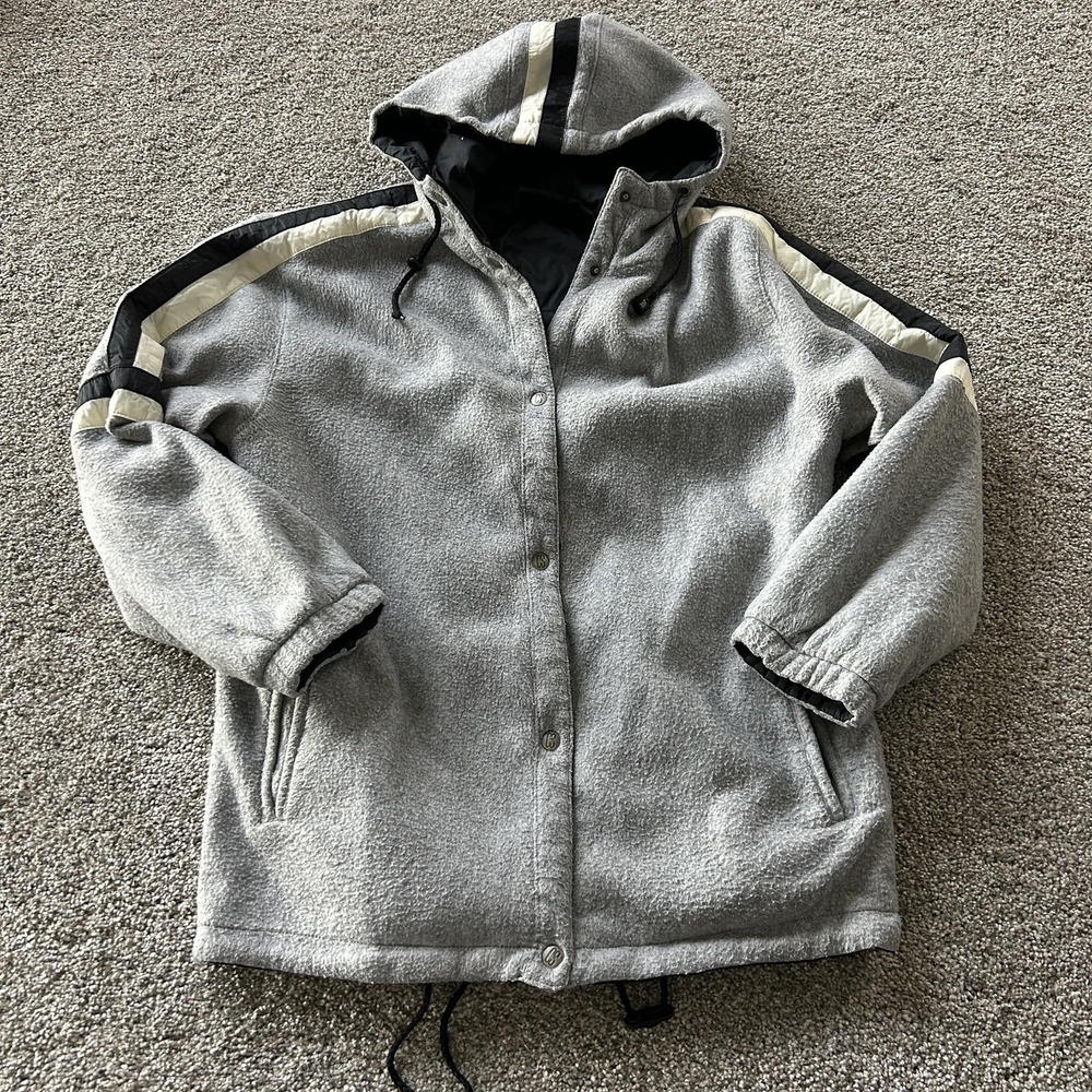 CS Classic Jacket Mens Medium Gray Fleece Hooded Snap Parka Striped Winter